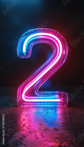 Number "two" neon light sign on isolated dark background. Pink and blue neon number "two" sign.