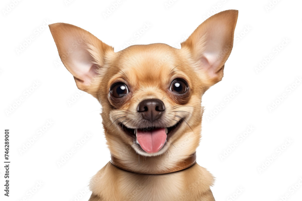 Cute fluffy portrait smile Puppy dog Chihuahua that looking at camera isolated on clear png background, funny moment, lovely dog, pet concept.
