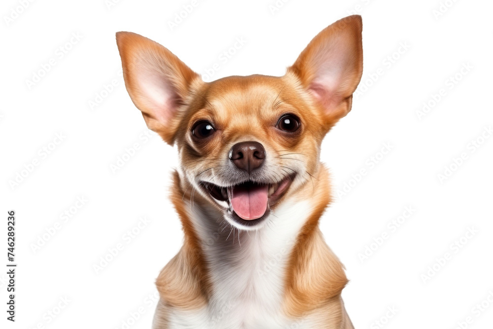 Cute fluffy portrait smile Puppy dog Chihuahua that looking at camera isolated on clear png background, funny moment, lovely dog, pet concept.