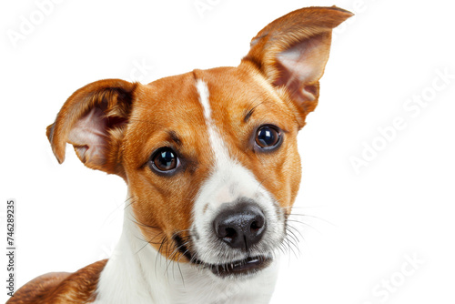 Cute fluffy portrait smile Puppy dog Jack Russell Terrier that looking at camera isolated on clear png background, funny moment, lovely dog, pet concept. © TANATPON