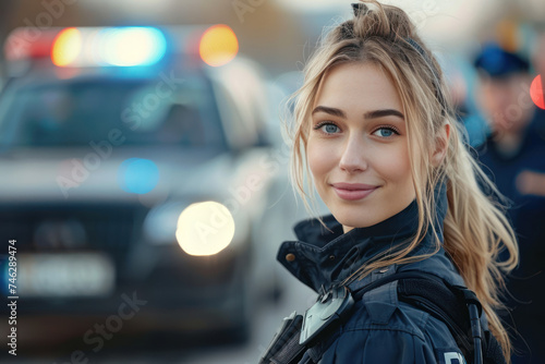 Caucasian woman wearing police officer uniform, patrol car background