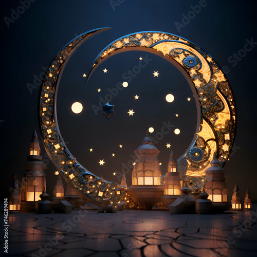 Ramadan Kareem background with moon and mosque. 3d rendering
