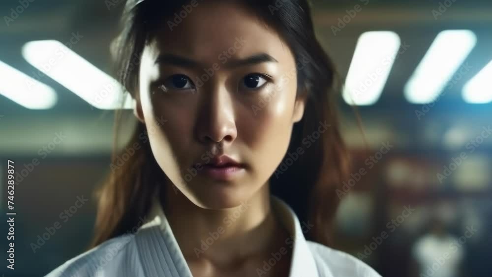 An East Asian female judoka standing in a dynamic stance her face in focus her body slightly out of focus against a judo environment. An East Asian female judoka standing in a dynamic stance her face in focus her body slightly out of focus against a judo environment.