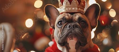 A French bulldog wearing a festive red mantle and a crown on its head, capturing a regal and playful holiday spirit. photo