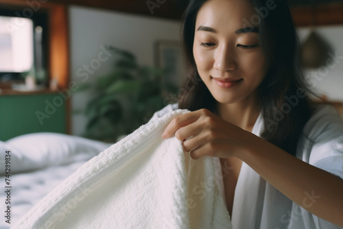 Cropped shot of young Asian woman doing her morning routine, making up her bed at home. Let's get the day started