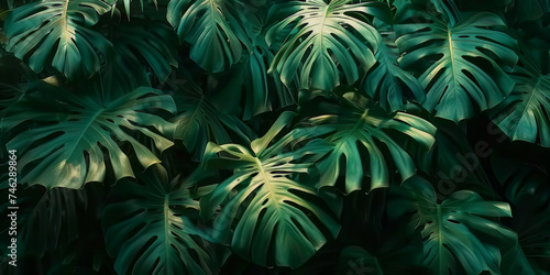 green leaves background,green  tropical leaves, green Monstera plant leaves, banner