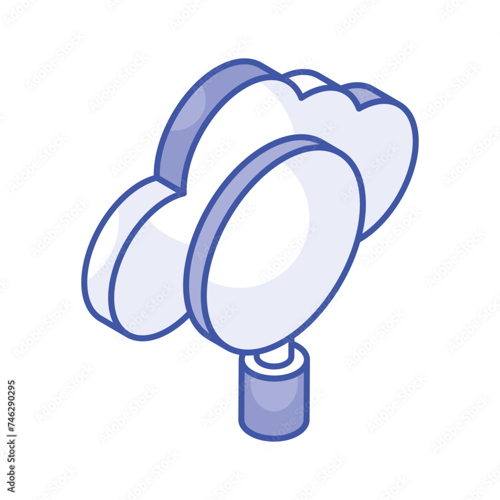 Magnifier with cloud, cloud search isometric icon design, cloud finding vector Magnifier with cloud, cloud search isometric icon design, cloud finding vector