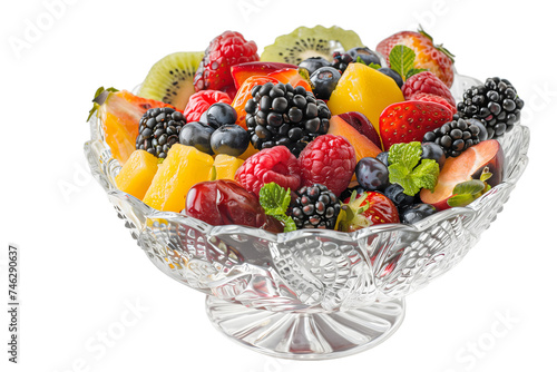 Crystal Bowl of Assorted Fresh Berries and Fruits on White Background 