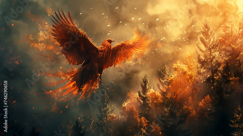 A phoenix soaring above a reborn forest, symbolizing hope and the cycle of renewal
