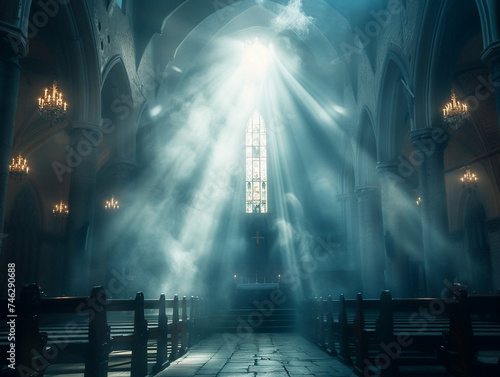 A scene of worship and hope, with rays of light piercing through a dark chapel