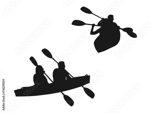 Kayaking silhouettes vector set icon. Canoe trails and rafting club emblem with kayaking equipment elements. kayaker silhouette set inspired design collection. Isolated on white Background.