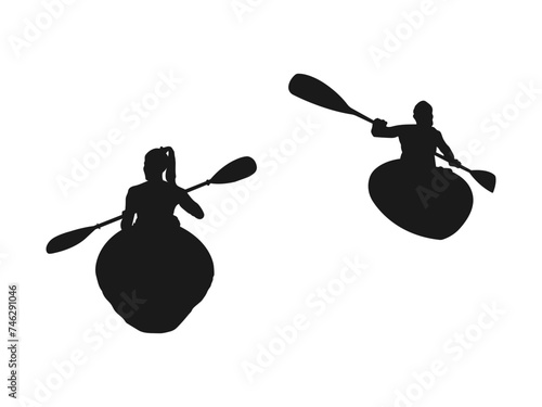 Kayaking silhouettes vector. Canoe trails and rafting club emblem with kayaking equipment element. Man and Woman Paddling in Kayak. kayaker silhouette set inspired design collection. white background.