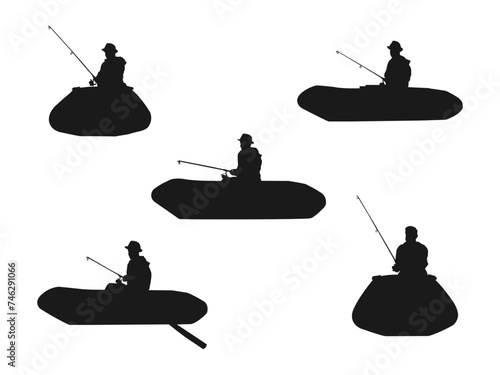 man fishing in boat vector silhouettes. head coach of the club fishermen rides on a rubber boat with a motor. fisherman in a boat catches a fish , set of silhouettes. isolated on white background.