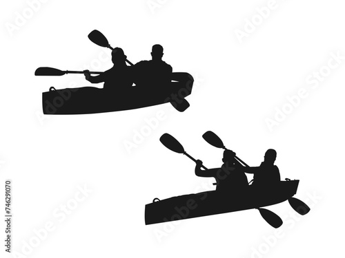Kayaking silhouettes vector set icon. Canoe trails and rafting club emblem with kayaking equipment elements. Kayaker Silhouette Set Inspired Design Collection.