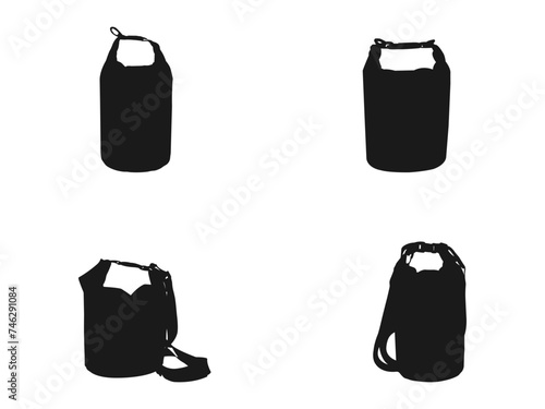 waterproof bags silhouettes icon. Vector Waterproof bag for protect from water. Waterproof closed dry bag for water sport. Icons set of bags in flat design. Bag Template Vector On White Background.