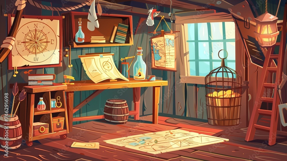 Naklejka premium Nautical adventure awaits. An intricately detailed illustration of a pirate captain's cabin with maps, navigation tools, and a warm glow from the window suggesting tales of the high seas.