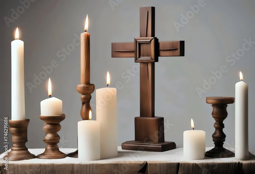 Candles and Wooden Cross on a Table