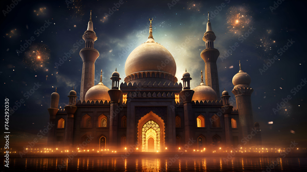 Illustration of a mosque at night with reflection in the water.