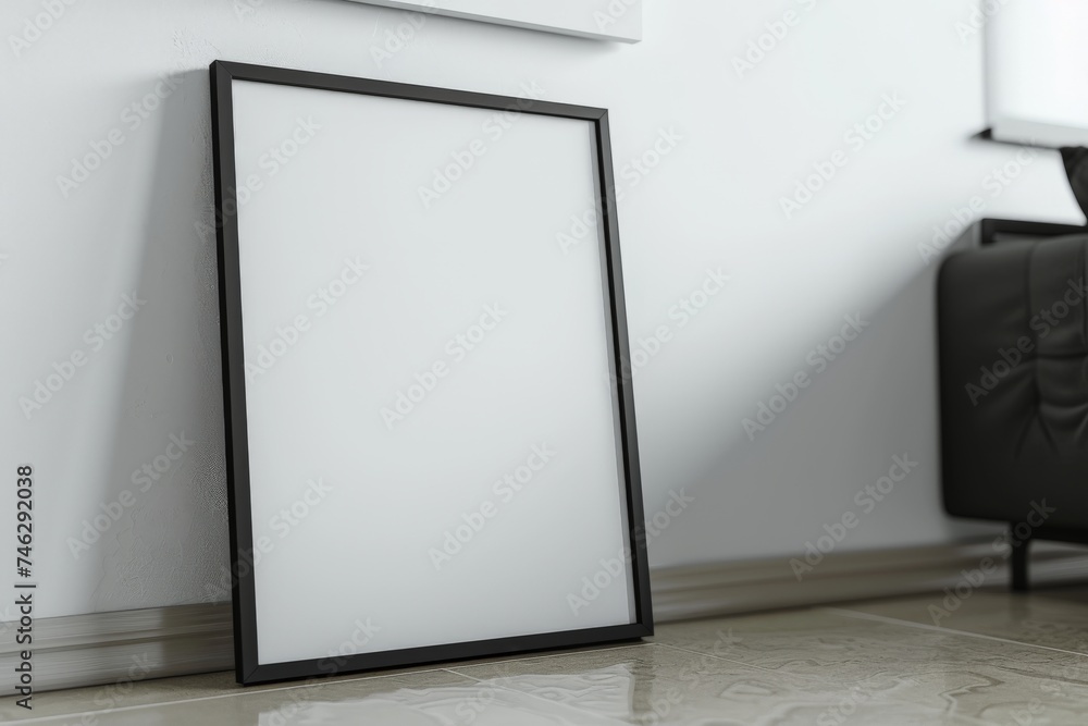 empty blank picture frame with a black border leaning against a wall in a minimalist room - mockup template for poster/art product placement empty blank picture frame with a black border leaning against a wall in a minimalist room - mockup template for poster/art product placement