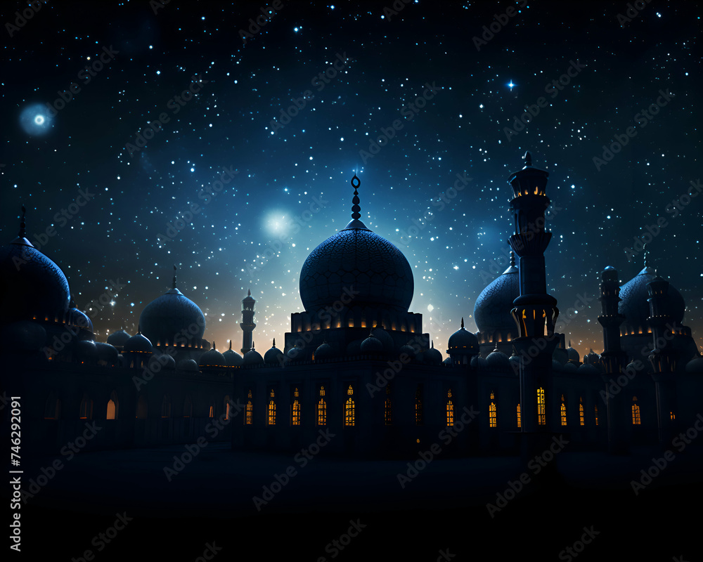 Silhouette of mosque at night with stars and space for text