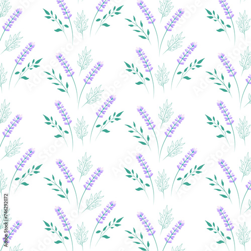Seamless floral pattern. Lavender flowers and leaves isolated on white. Vector illustration. Textile  fabric  paper  wallpaper  background  decoration.