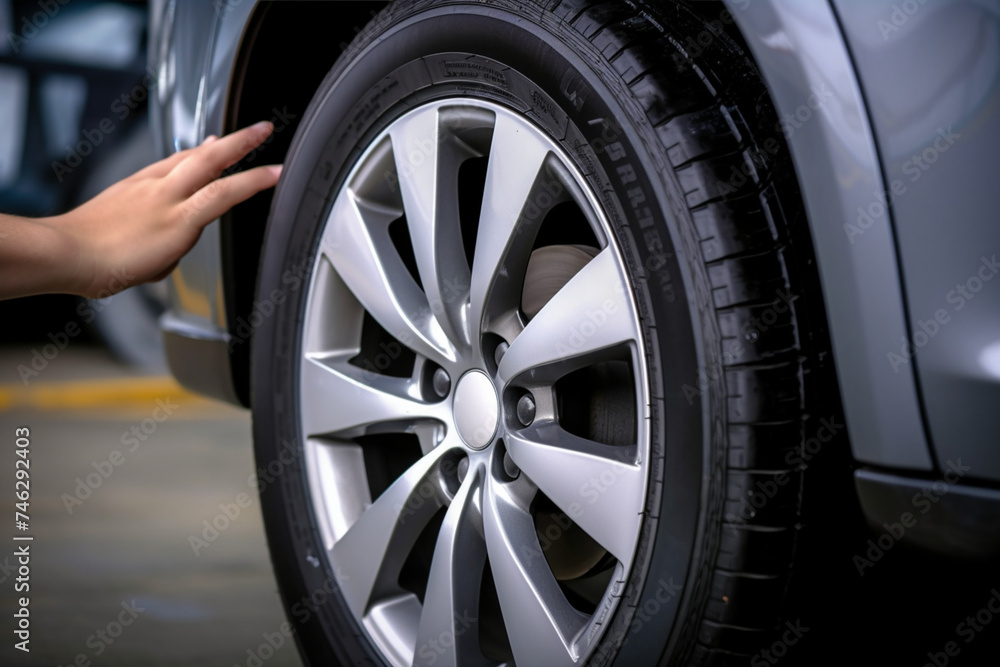 Female driver hands inspecting wheel tire of her new car. Vehicle safety concept