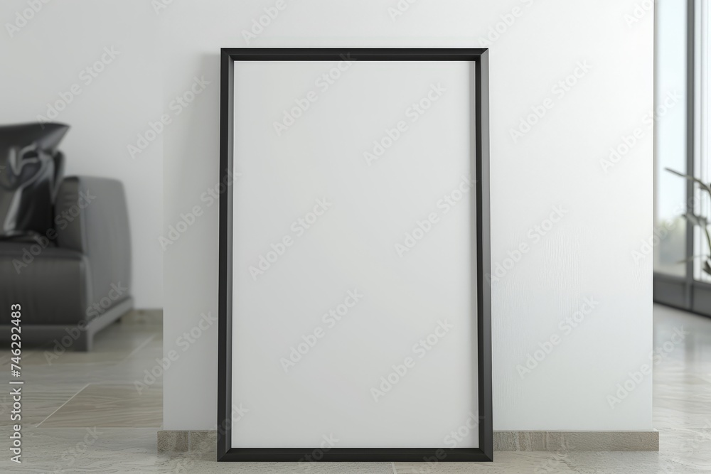 empty blank picture frame with a black border leaning against a wall in a minimalist room - mockup template for poster/art product placement empty blank picture frame with a black border leaning against a wall in a minimalist room - mockup template for poster/art product placement