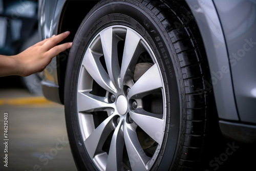 Female driver hands inspecting wheel tire of her new car. Vehicle safety concept © alisaaa
