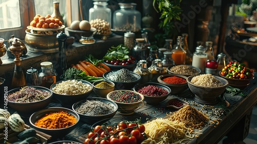 Table Filled with Assortment of Foods and Spices, Generative AI © tjut