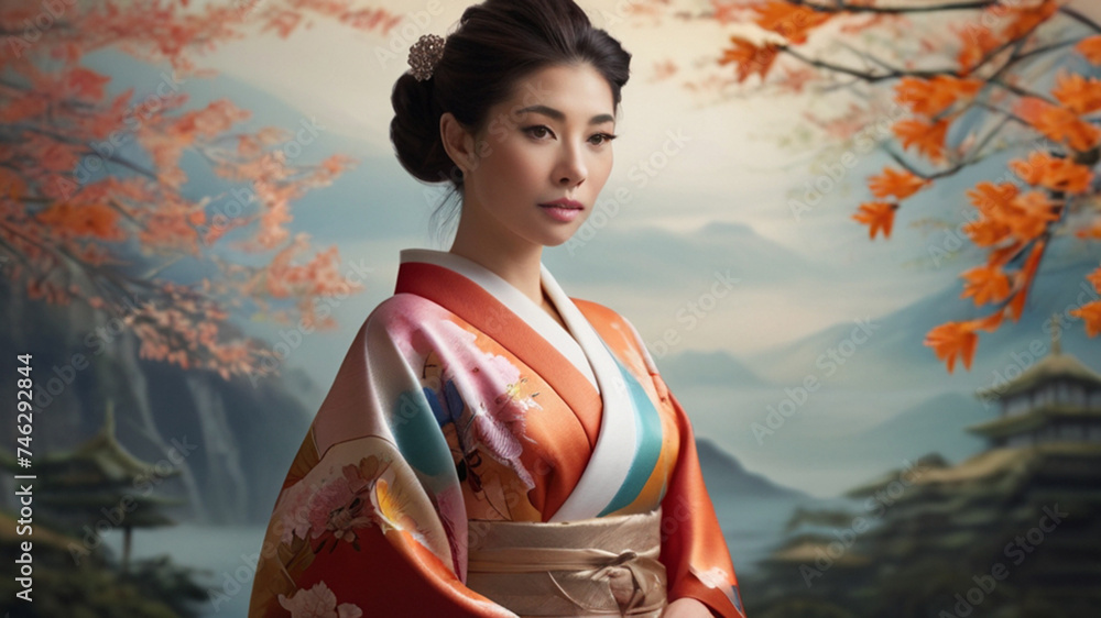 Portrait of beautiful Japanese woman wearing a luxurious silk kimono Portrait of beautiful Japanese woman wearing a luxurious silk kimono