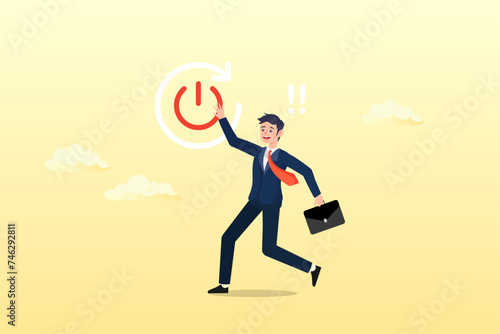 Smart businessman carefully reach his finger to press reboot or restart button, time to reboot business or career, refresh working energy or restart new journey, change to improve outcome (Vector)