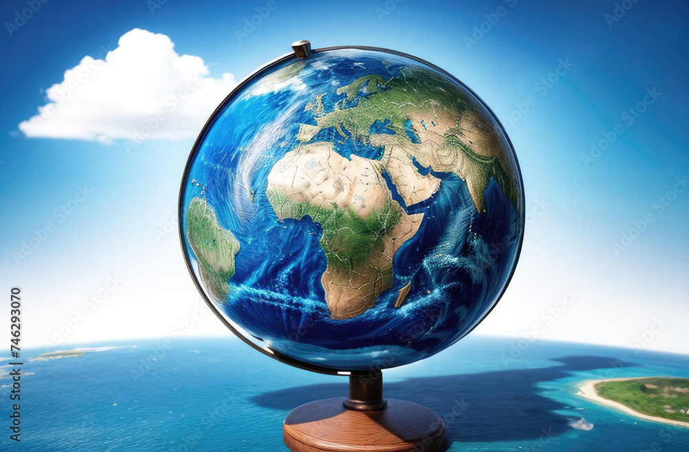 A globe to show the Earth's continents and oceans, blue sky, clouds on blurred background. Earth day and environmental conservation concept A globe to show the Earth's continents and oceans, blue sky, clouds on blurred background. Earth day and environmental conservation concept