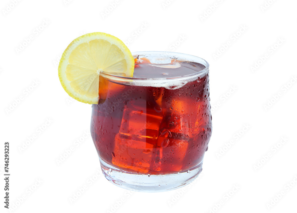 Glass of tasty cold ice tea and fresh lemon on white background with clipping path. iced teas and lemon garnish. herbal drink concept Glass of tasty cold ice tea and fresh lemon on white background with clipping path. iced teas and lemon garnish. herbal drink concept