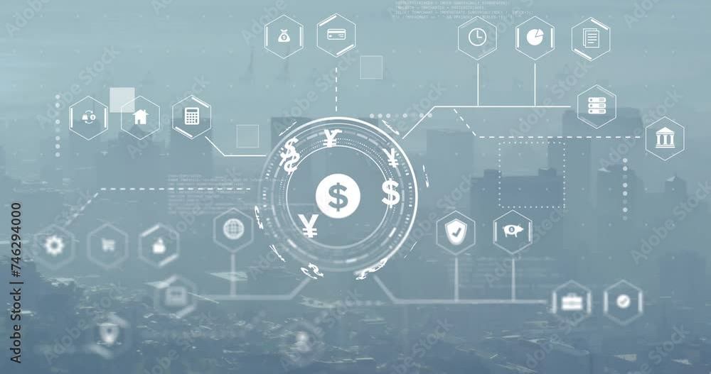 Animation of digital currency icons and data processing over cityscape Animation of digital currency icons and data processing over cityscape