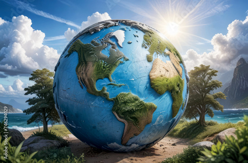 A globe to show the Earth s continents and oceans  blue sky  clouds on blurred background. Earth day and environmental conservation concept