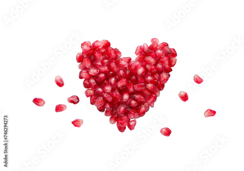 Pomegranate seed, Fresh ripe seeds isolated on white background with clipping path. Heart shape.