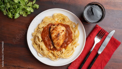 Macarrão ao molho sugo e filé de peito de frango. photo