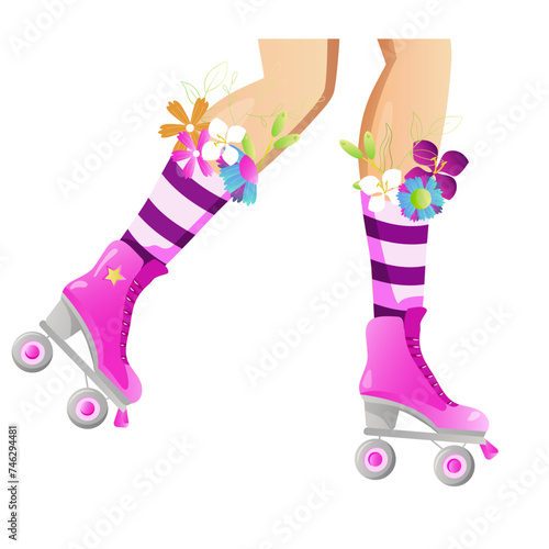 Roller skates and legs. Girl wearing roller skates. Female legs and rollerblades with Flowers in socks. Vector illustration isolated on white for packaging, poster, card.