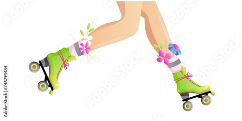 Roller skate and leg with wildflowers in socks. Girl wearing roller skates. cartoon illustration of legs and rollerblades. Flowers in socks. Female legs. Vector illustration isolated on white