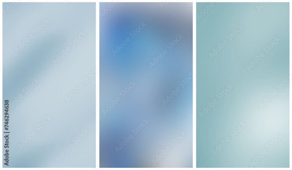 Set of Blue Blurry Vertical Backgrounds. Light Blue Blurred Layouts Without Text. Blue-White Soft Gradients. Smooth Modern Blurry Blue Template Perfect for Phone Applications. RGB.