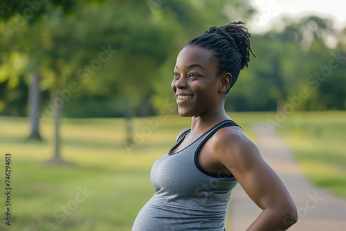 Pregnant African American woman in sport wear clothes with an outdoor park background