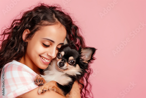 Happy woman portrait with a chihuahua dog in her hands isolated on pink