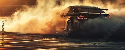 The car performs a drift on the road by emitting smoke from its tires © zaen_studio