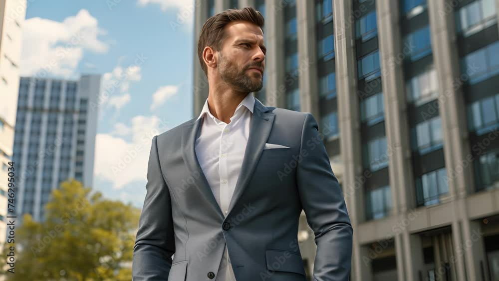 A tailored suit made from sustainable wool perfect for a business meeting in a modern city skyser.