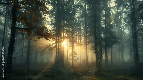 old oak tree foliage in morning light with sunlight  Scenic forest of fresh green deciduous trees framed by leaves   vibrant green foliage  panoramic view  Maple tree with sunbeams  Generative Ai