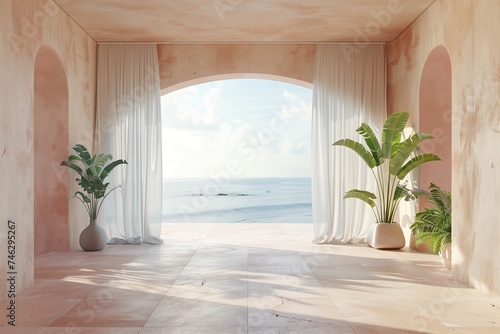 Empty room in luxury summer beach house with sea view behind curtains. Tropical architecture interior design with neutral color material. Minimal natural aesthetic background.