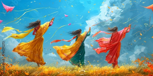 Shiny kites flying on occasion of Happy Vasant Panchami celebration