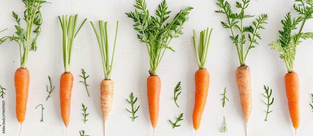 A neat row of fresh, uncut carrots with vibrant green tops and leaves, each individual carrot distinct against a white background. The carrots appear healthy and ready for harvesting. - obrazy, fototapety, plakaty 