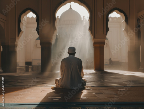 Back view of Indonesian Muslim man meditating in the mosque