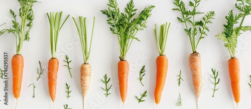 A neat row of fresh, uncut carrots with vibrant green tops and leaves, each individual carrot distinct against a white background. The carrots appear healthy and ready for harvesting. photo